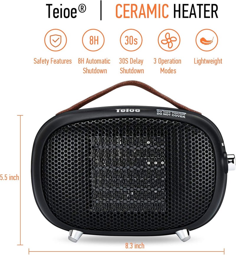 Teioe Space Heater, Mini Electric Space Heater 800W/400W, Small PTC Ceramic Heater with Tip-Over and Overheat Protection, 3 Operating Modes, Space Heaters for Office, Bedroom and Under Desk (BLACK) - Image 2